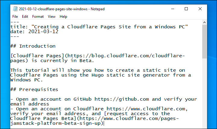 Hugo new post in Windows Notepad